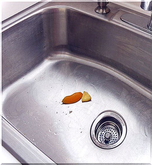 Piece of orange in a metal sink