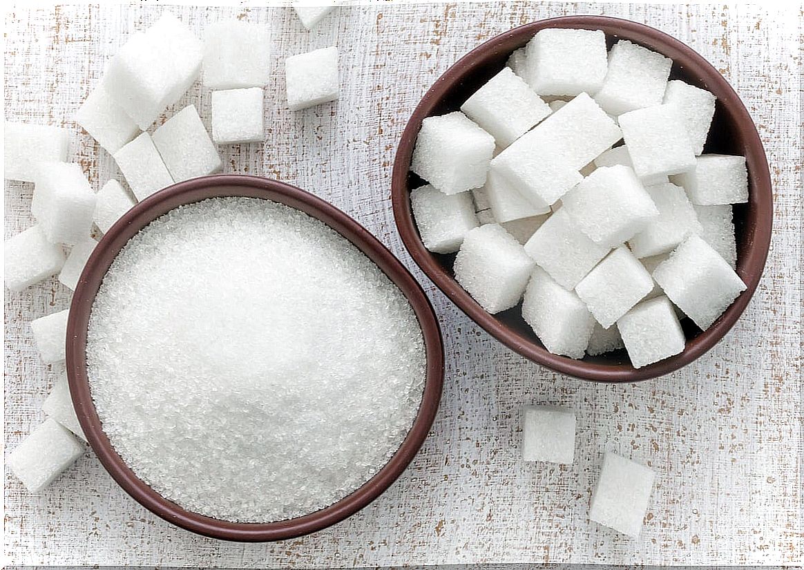 Cubed sugar in a bowl.